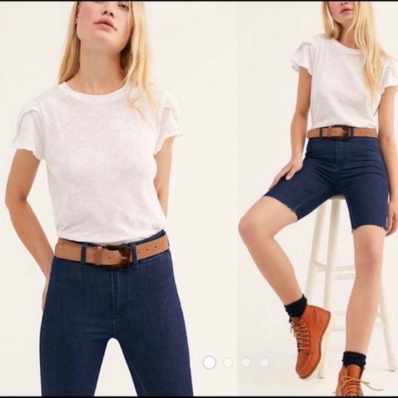 FREE PEOPLE So Chic Denim Biker Bermuda Shorts Size 24 NWT Raw Hem - Picture 1 of 9